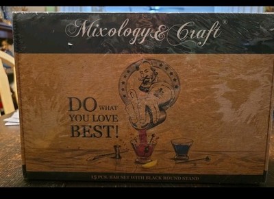 Mixology & Craft 15 Pc Bar Set with Round Wood Stand - Copper NIB NEW 