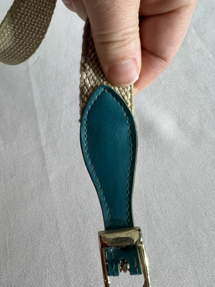 Cinturón Vintage 27 Pulgadas Elástico Bronceado Y Blanco Con Detalle Turquesa Foto 3 de 4