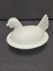 Vintage Indiana Glass White Milk Glass Hen on Nest, Candy Dish Beaded 7.25"