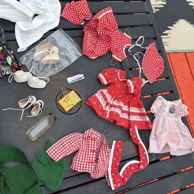 Vintage Doll Clothes Accessories Lot Shoes Dresses Socks Crayons Bottle