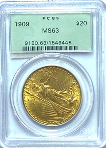 1909 $20 St Gaudens Double Eagle Gold Uncirculated Philadelphia PCGS MS63 OGH