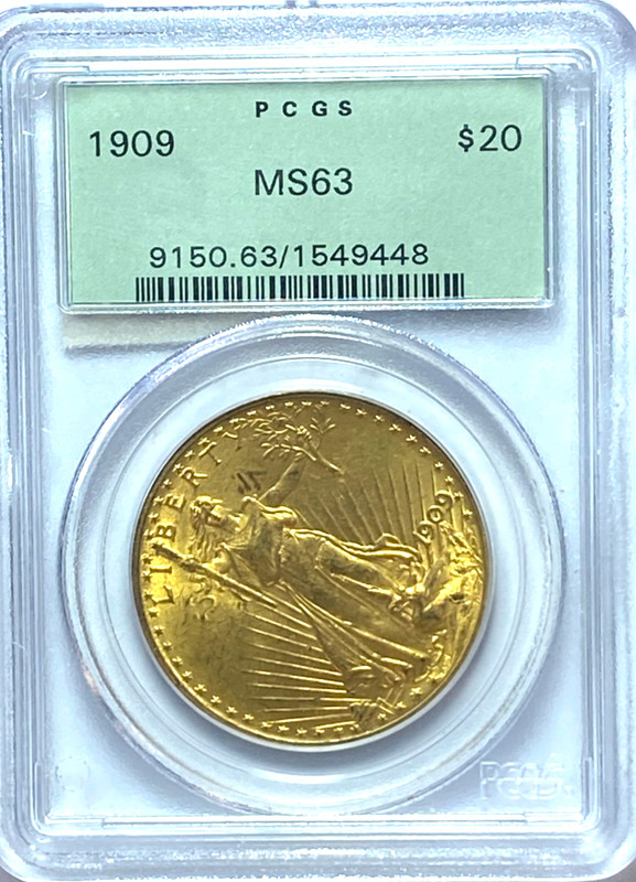1909 $20 St Gaudens Double Eagle Gold Uncirculated Philadelphia PCGS MS63 OGH