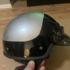 Vintage Harley Davidson Motorcycle Cop Style Half Helmet W/Visor. Silver & Black