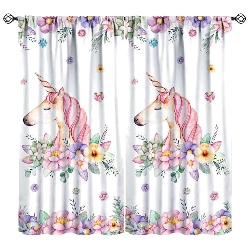 Unicorn Window Curtains for Girls Room, Unicorn Flower Print Pattern Thermal - Picture 2 of 8