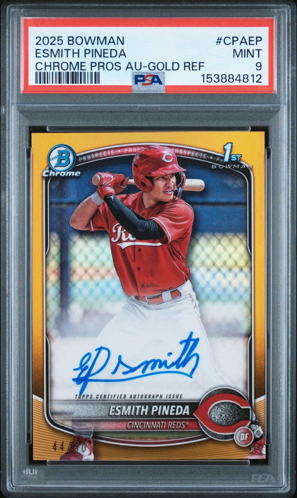 2025 BOWMAN CHROME PROSPECT AUTOS GOLD REFRACTOR ESMITH PINEDA 44/50 PSA 9