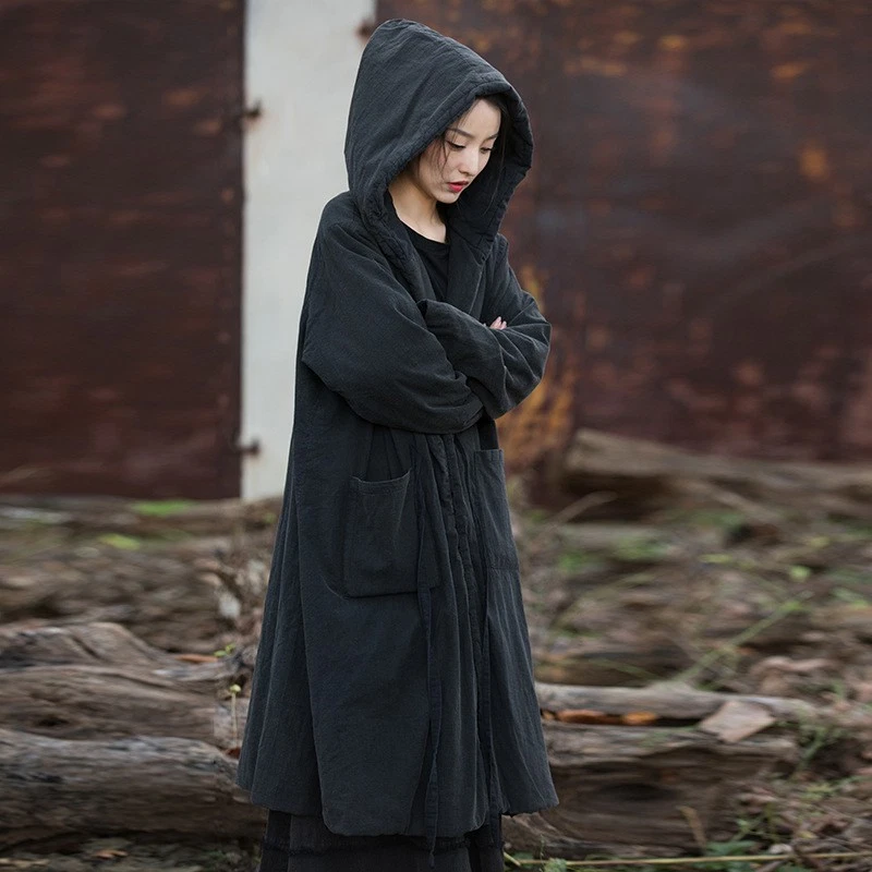 Chaqueta acolchada de lino y algodón para mujer bata con capucha invierno ropa larga vintage damas Foto 3 de 4