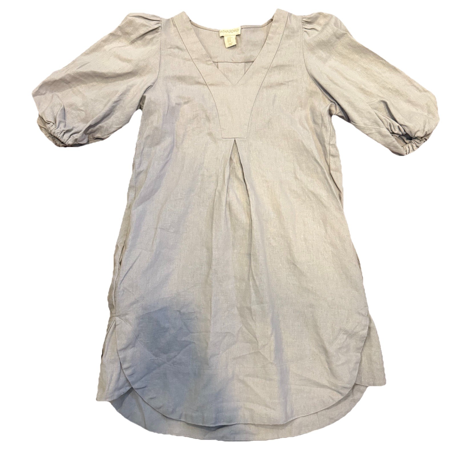 Cynthia Rowley Women’s Gray Linen Blend Puff Sleeve V-Neck Midi Dress Size XS