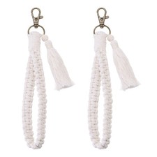 2 Pcs Boho Macrame Keychain Boho Tassel Wrist Keychain Beige