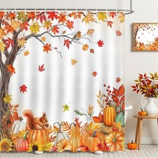 Fall Shower Curtain Maple Leaves Pumpkin Squirrel Bathroom Shower Curtain Autumn