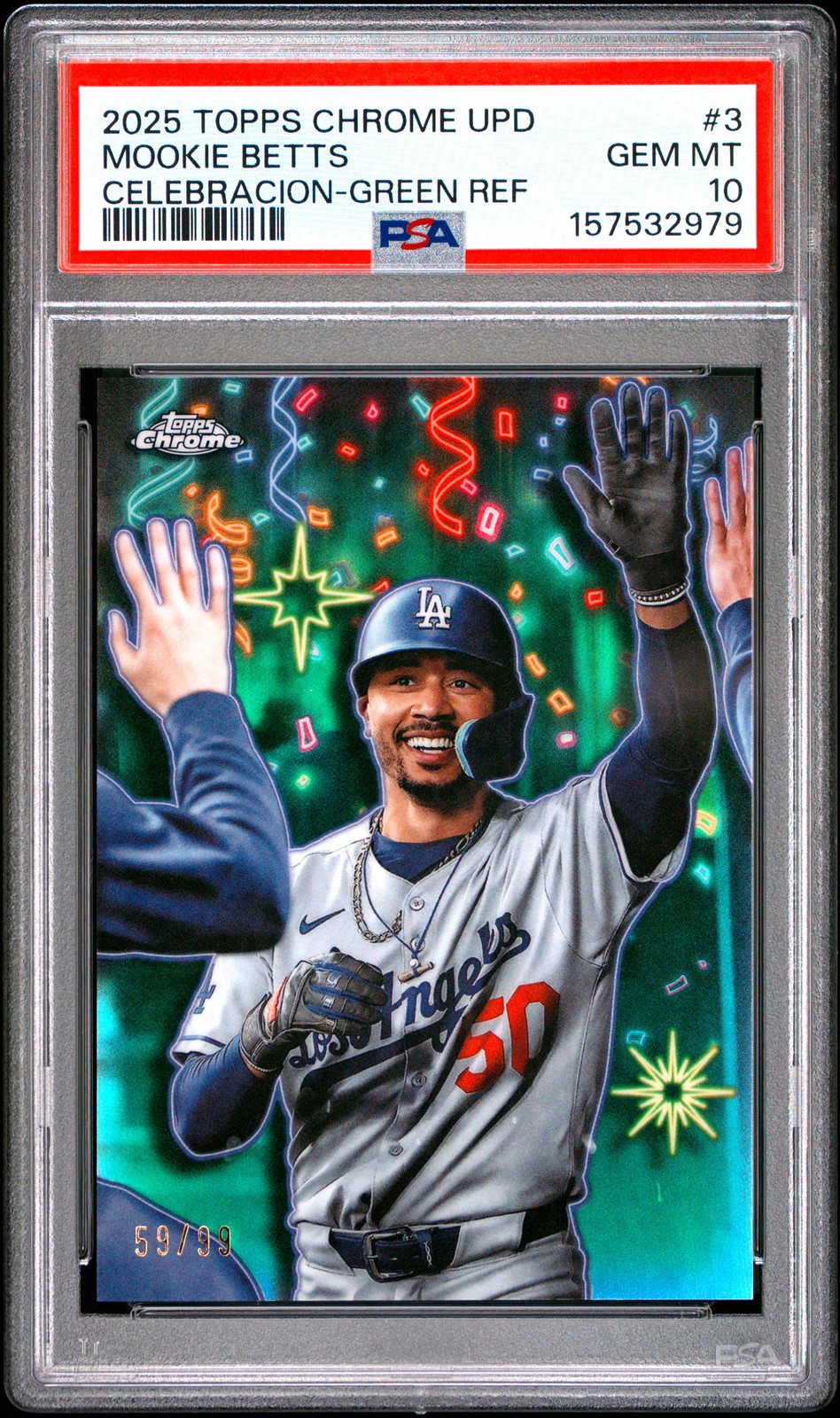 2025 TOPPS CHROME UPDATE CELEBRACION GREEN REFRACTOR MOOKIE BETTS 59/99 PSA 10