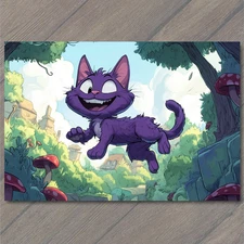 Art Print Purple Cat Mushroom Village Cartoon Style Whimsical Forest Daylight