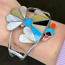 Native American MOP Turquoise Cora Thunderbird Sterling Silver Cuff Bracelet
