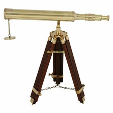 Nautical Royal Maritime Shiny Brass Telescope With Wooden Tripod Stand Home Deco