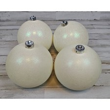 Set Of 4 Large White Iridescent Glitter Christmas Ball Ornaments Used Unbranded