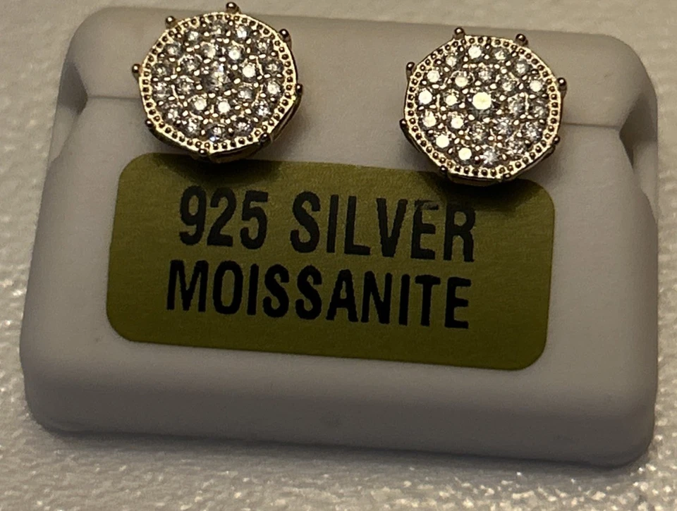 Real 925 Silver Iced Moissanite Earrings Big Studs 14k Gold Plated Authentic New - Image 2 of 3