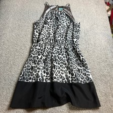 EXPRESS dress womens large black Leopard Print Halter Neck fit flare mini party