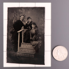 Antique CDV 6th Plate Tintype Victorian Family or Group of a Man  2 Women 1292