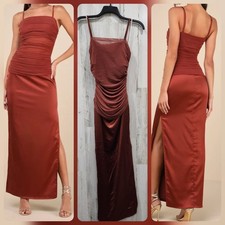 LULUS Perfected Essence Rust Brown Satin Mesh Ruched Maxi Dress Size MEDIUM*NWOT