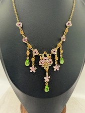 Vintage Style Floral Enamel Rose Green Crystal Festoon Drop Necklace 17.5 Vintage Style Floral Enamel Rose Green Crystal Festoon Drop Necklace 17.5