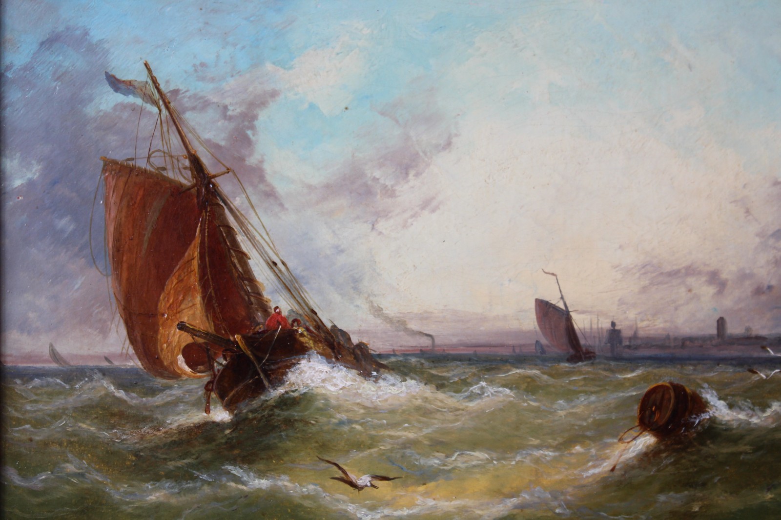 William Callow 1812-1908 Antique Oil Painting Signed 1869 Marine Ships Sea Coast