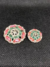 CHANEL Coco Mark Silver Tone Metal Button Pink Green 2pcs Vintage