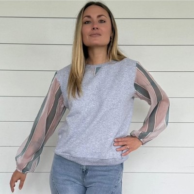 RORA by Ashley Gill Gray Sweatshirt Sheer Stripe Sleeves Size M Long Sleeve