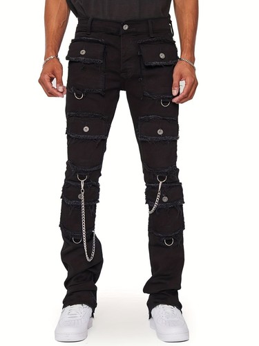 Pantaloni denim uomo slim fit biker con decorazione catena casual street style - Foto 9 di 10