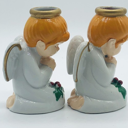 Vintage Christmas Ceramic Praying Angel Holly Berry Taper Candlestick Holder Set - Picture 5 of 12