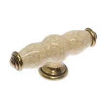 Cream Crackle Glaze & Antique Brass Door / Drawer T Knob | Kitchen Cupboard