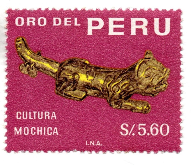 Ancient Peruvian Art, Mochica's gold jaguar, $5.60, Perú 1968, accept offers