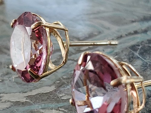 Pink Topaz Labcreated Round Cut Stud Earrings 14kt Solid Yellow Gold - Picture 9 of 12
