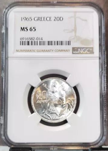1965 GREECE SILVER 20 DRACHMA SELENE MOON GODDESS NGC MS 65 BEAUTIFUL GEM BU