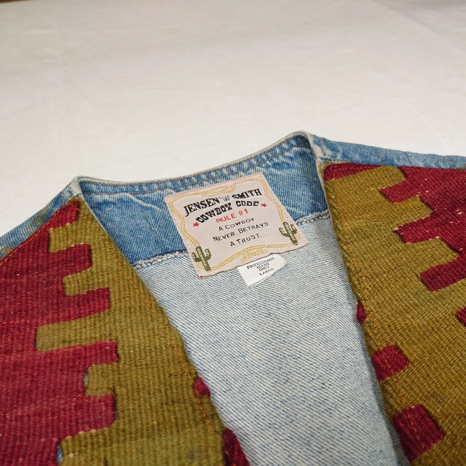 Vintage Jensen & Smith Cowboy Code Sz L Denim Tapestry Vest Southwestern Kilim - Image 3 of 4