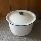 Vintage Farmhouse White Enamelware Black Trim Large Stock Pot Lid Enamel Pot — photo 3