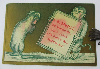 J. W. HAMBLET Tea & Coffee Victorian Trade Card NYC & Brooklyn, NY, Monkey & Ram