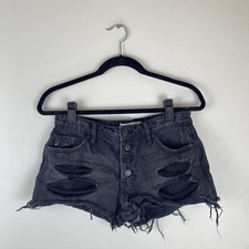 Kancan Women 3/25 Cut Off Shorts Denim Distressed Button Fly Black Jean 2 Inseam