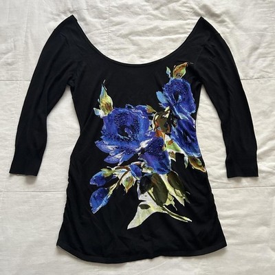Y2K Cache Black Blue Rose Floral Beaded Off Shoulder Top Large