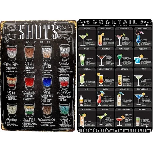 2 Piece Bar Sign For Home Bar - Cocktail Menu Vintage Signs, Mixology Cocktai...