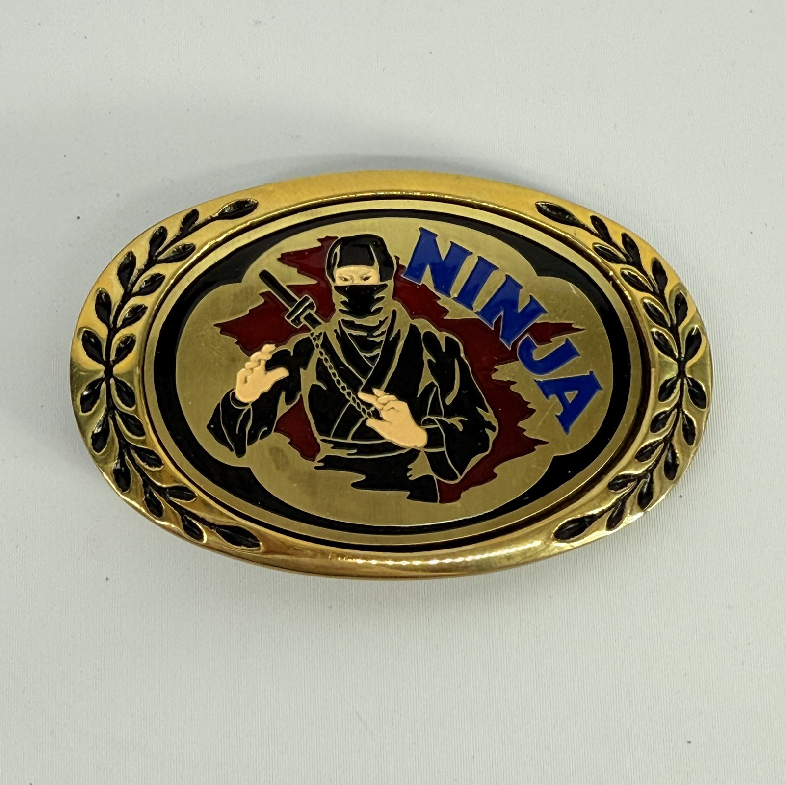 Vintage 80s Ninja Belt Buckle Metal Enamel Martial Arts Kung Fu Karate-image