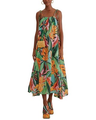 knee length dresses for ladies Off-White Summer Foliage Euroflax™ Premium Linen Midi Dress – FARM Rio main image 0