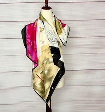 Italian Silk Scarf Abstract Art Print Gold Fuchsia Black Ivory Silk Square 34x34