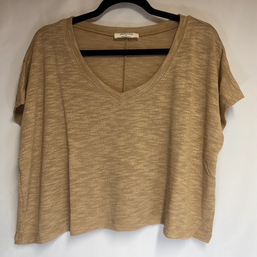 Zenana Tan Marl V-Neck Lightweight Knit Boxy Short Sleeve Top Crop Large NWOT