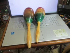 Vintage Pair of Hand Painted Caribbean Scene Wooden Maracas Musical Instrument