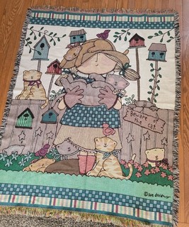 Vtg Sue Dreamer Cat Tapestry Blanket Cottagecore Grandmillennial Folk Art Throw