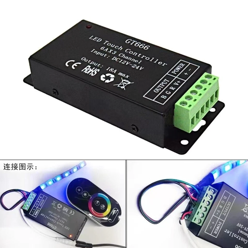 GT666 RGB LED Strip Lights Controller + Wireless RF Touch Remote DC 12V-24V 18A - Image 4 of 4