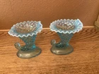 Vintage Fenton Blue Opalescent Hobnail Glass Cornucopia Vase Candle Holder Pair
