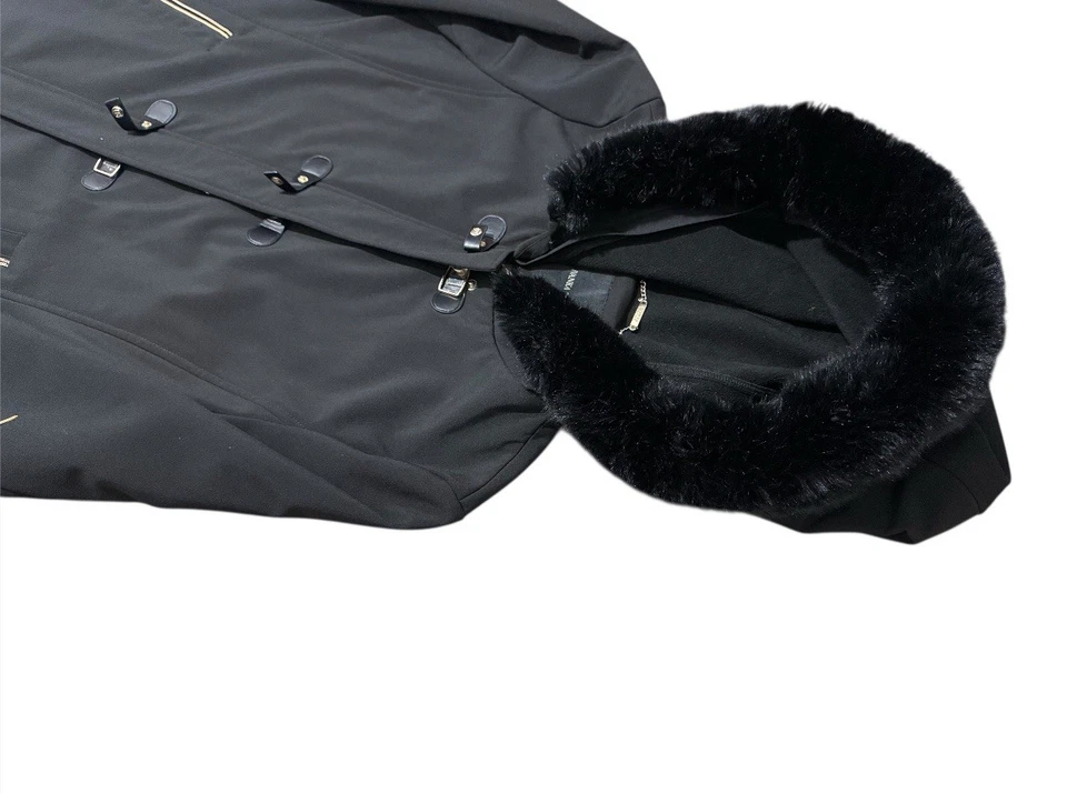 Gabardina negra para mujer Ivanka Trump de piel sintética capucha palanca bolsillos con cremallera Foto 4 de 4