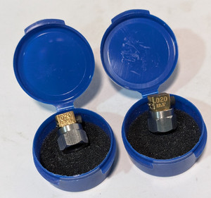 (2) Nordson hot melt glue nozzle accessory components in cases, 0.020", 22.5°