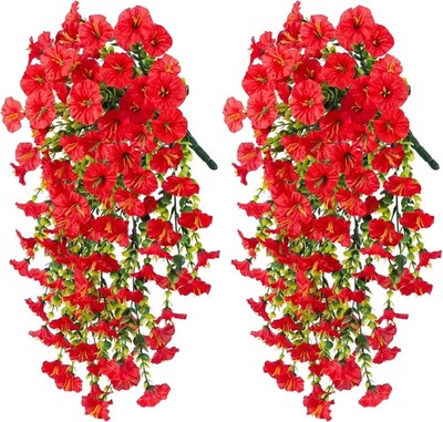 UV Resistant Faux Silk Morning Glory Hanging Flowers for Outdoor Decor 2 Pc Red