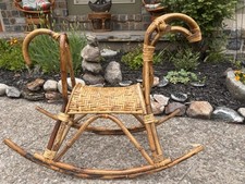 Vtg Mid Century BAMBOO WICKER Rattan WOOD ROCKING Horse Boho Franco Albini